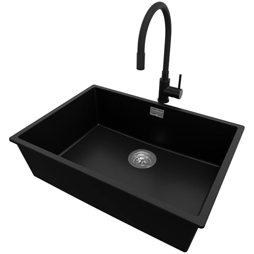 PRIMAGRAN Unterbauspüle Granit Schwarz 66x47cm, Spülbecken 1 Becken + Küchenarmatur 40x38cm + Ablauf-Set, Granitspüle ab 70er Unterschrank - London von Primagran