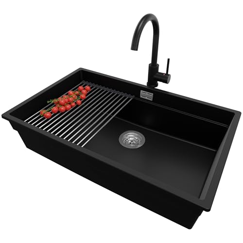 PRIMAGRAN Unterbauspüle Granit Schwarz 76x47cm, Spülbecken 1 Becken + Küchenarmatur 32x20cm + Ablauf-Set + Aufrollbare Abtropffläche, Granitspüle ab 80er Unterschrank - Praga PRIMAGRAN Unterbauspüle Granit Schwarz 76x47cm, Spülbecken 1 Becken + Küchenarmatur 32x20cm + Ablauf-Set + Aufrollbare Abtropffläche, Granitspüle ab 80er Unterschrank - Praga von Primagran