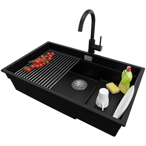 PRIMAGRAN Unterbauspüle Granit Schwarz 76x47cm, Spülbecken 1 Becken + Küchenarmatur 32x20cm + Ablauf-Set + Aufrollbare Abtropffläche, Granitspüle ab 80er Unterschrank - Praga von Primagran