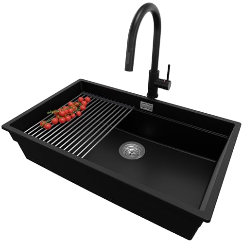 PRIMAGRAN Unterbauspüle Granit Schwarz 76x47cm, Spülbecken 1 Becken + Küchenarmatur 40x20cm + Ablauf-Set + Aufrollbare Abtropffläche, Granitspüle ab 80er Unterschrank - Praga von Primagran