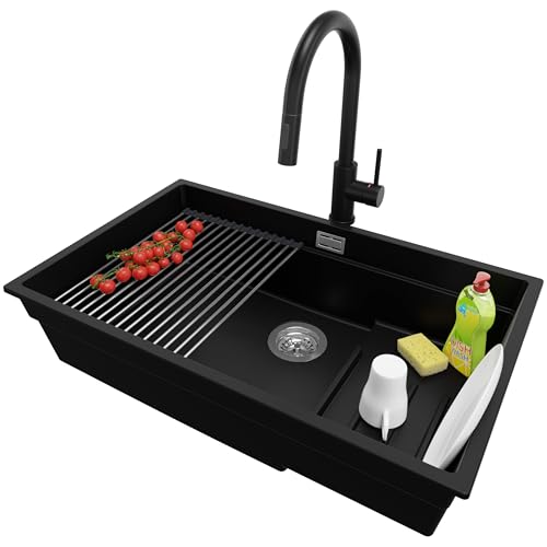 PRIMAGRAN Unterbauspüle Granit Schwarz 76x47cm, Spülbecken 1 Becken + Küchenarmatur 40x20cm + Ablauf-Set + Aufrollbare Abtropffläche, Granitspüle ab 80er Unterschrank - Praga von Primagran