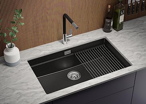PRIMAGRAN Unterbauspüle Granit Schwarz 76x47cm, Spülbecken 1 Becken + Küchenarmatur 40x38cm + Ablauf-Set, Granitspüle ab 80er Unterschrank - Praga von Primagran