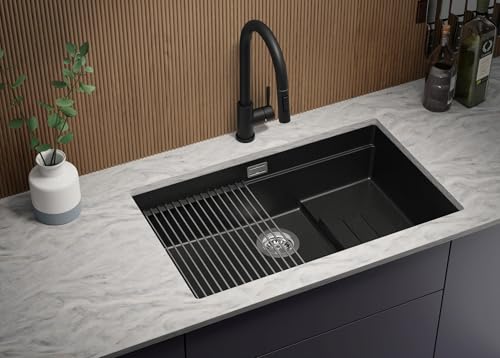 PRIMAGRAN Unterbauspüle Granit Schwarz 76x47cm, Spülbecken 1 Becken + Küchenarmatur 40x38cm + Ablauf-Set, Granitspüle ab 80er Unterschrank - Praga von Primagran