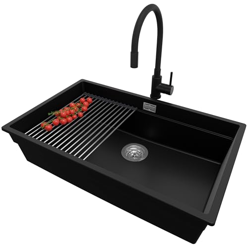 PRIMAGRAN Unterbauspüle Granit Schwarz 76x47cm, Spülbecken 1 Becken + Küchenarmatur 40x38cm + Ablauf-Set + Aufrollbare Abtropffläche, Granitspüle ab 80er Unterschrank - Praga PRIMAGRAN Unterbauspüle Granit Schwarz 76x47cm, Spülbecken 1 Becken + Küchenarmatur 40x38cm + Ablauf-Set + Aufrollbare Abtropffläche, Granitspüle ab 80er Unterschrank - Praga von Primagran