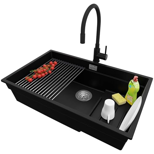 PRIMAGRAN Unterbauspüle Granit Schwarz 76x47cm, Spülbecken 1 Becken + Küchenarmatur 40x38cm + Ablauf-Set + Aufrollbare Abtropffläche, Granitspüle ab 80er Unterschrank - Praga PRIMAGRAN Unterbauspüle Granit Schwarz 76x47cm, Spülbecken 1 Becken + Küchenarmatur 40x38cm + Ablauf-Set + Aufrollbare Abtropffläche, Granitspüle ab 80er Unterschrank - Praga von Primagran