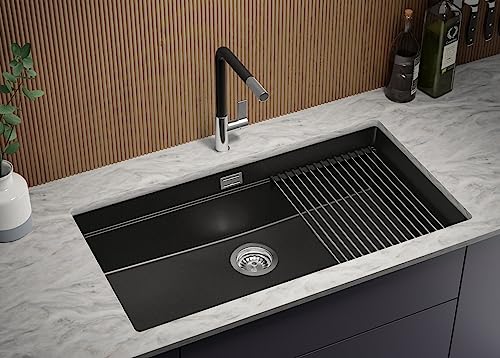 PRIMAGRAN Unterbauspüle Granit Schwarz 86x47cm, Spülbecken 1 Becken + Ablauf-Set, Granitspüle ab 90er Unterschrank - Praga PRIMAGRAN Unterbauspüle Granit Schwarz 86x47cm, Spülbecken 1 Becken + Ablauf-Set, Granitspüle ab 90er Unterschrank - Praga von Primagran