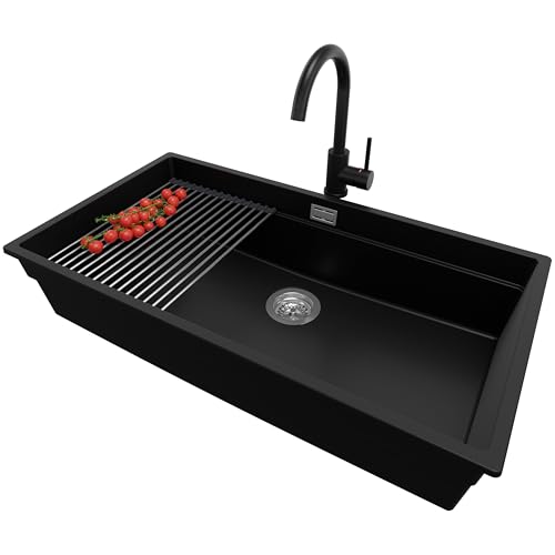 PRIMAGRAN Unterbauspüle Granit Schwarz 86x47cm, Spülbecken 1 Becken + Küchenarmatur 32x20cm + Ablauf-Set + Aufrollbare Abtropffläche, Granitspüle ab 90er Unterschrank - Praga PRIMAGRAN Unterbauspüle Granit Schwarz 86x47cm, Spülbecken 1 Becken + Küchenarmatur 32x20cm + Ablauf-Set + Aufrollbare Abtropffläche, Granitspüle ab 90er Unterschrank - Praga von Primagran