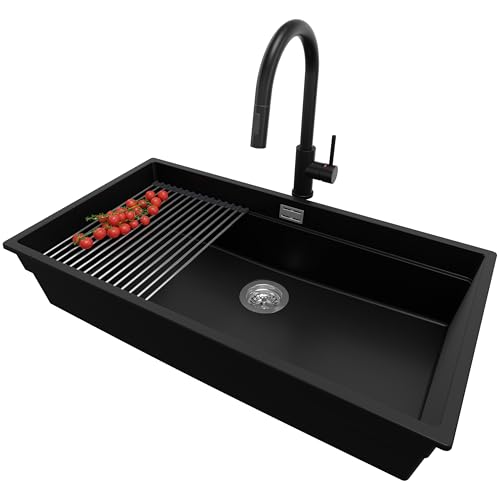 PRIMAGRAN Unterbauspüle Granit Schwarz 86x47cm, Spülbecken 1 Becken + Küchenarmatur 40x20cm + Ablauf-Set + Aufrollbare Abtropffläche, Granitspüle ab 90er Unterschrank - Praga von Primagran
