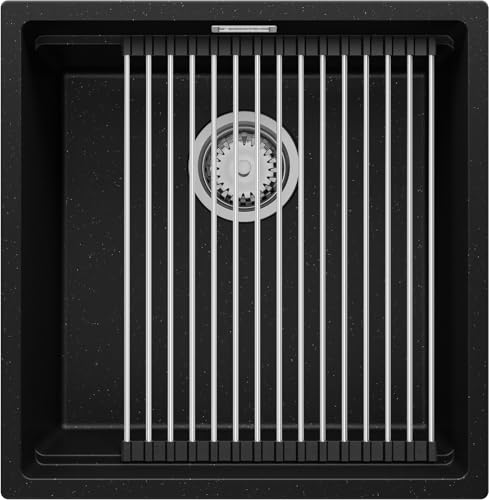 PRIMAGRAN Unterbauspüle Granit Schwarz Metallic 46x47cm, Spülbecken 1 Becken + Ablauf-Set + Aufrollbare Abtropffläche, Granitspüle ab 50er Unterschrank - Praga PRIMAGRAN Unterbauspüle Granit Schwarz Metallic 46x47cm, Spülbecken 1 Becken + Ablauf-Set + Aufrollbare Abtropffläche, Granitspüle ab 50er Unterschrank - Praga von Primagran