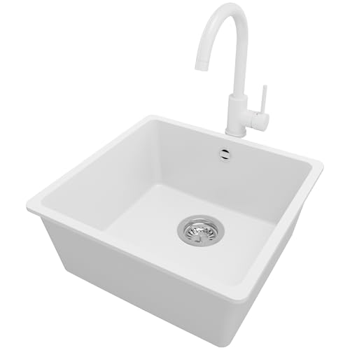 PRIMAGRAN Unterbauspüle Granit Weiß 46x44cm, Spülbecken 1 Becken + Küchenarmatur 32x20cm + Ablauf-Set, Granitspüle ab 50er Unterschrank - Venedig Easy von Primagran