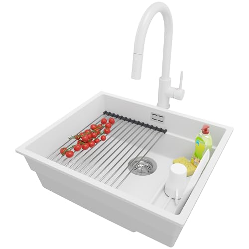 PRIMAGRAN Unterbauspüle Granit Weiß 56x47cm, Spülbecken 1 Becken + Küchenarmatur 40x20cm + Ablauf-Set + Aufrollbare Abtropffläche, Granitspüle ab 60er Unterschrank - Praga PRIMAGRAN Unterbauspüle Granit Weiß 56x47cm, Spülbecken 1 Becken + Küchenarmatur 40x20cm + Ablauf-Set + Aufrollbare Abtropffläche, Granitspüle ab 60er Unterschrank - Praga von Primagran