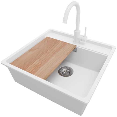 PRIMAGRAN Unterbauspüle Granit Weiß 56x53cm, Spülbecken 1 Becken + Küchenarmatur 32x20cm + Ablauf-Set + Schneidebrett, Granitspüle ab 60er Unterschrank - Bergen von Primagran