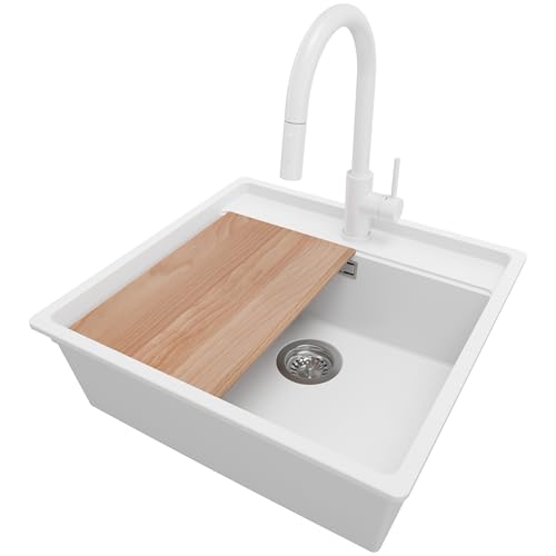 PRIMAGRAN Unterbauspüle Granit Weiß 56x53cm, Spülbecken 1 Becken + Küchenarmatur 40x20cm + Ablauf-Set + Schneidebrett, Granitspüle ab 60er Unterschrank - Bergen PRIMAGRAN Unterbauspüle Granit Weiß 56x53cm, Spülbecken 1 Becken + Küchenarmatur 40x20cm + Ablauf-Set + Schneidebrett, Granitspüle ab 60er Unterschrank - Bergen von Primagran