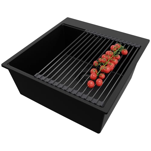 PRIMAGRAN Spülbecken Alles Schwarz 48x50cm, Granitspüle 1 Becken + Ablauf-Set + Aufrollbare Abtropffläche, Küchenspüle ab 50er Unterschrank - Oslo von Primagran