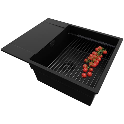PRIMAGRAN Spülbecken Alles Schwarz 62x50cm, Granitspüle 1 Becken + Ablauf-Set + Aufrollbare Abtropffläche, Küchenspüle ab 50er Unterschrank - San Francisco von Primagran