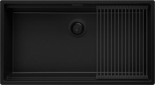 PRIMAGRAN Unterbauspüle Granit Alles Schwarz 86x47cm, Spülbecken 1 Becken + Ablauf-Set + Aufrollbare Abtropffläche, Granitspüle ab 90er Unterschrank - Praga von Primagran