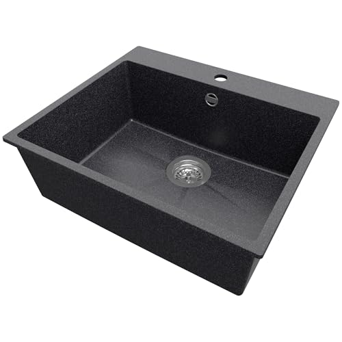 PRIMAGRAN Spülbecken Anthrazit 58x50cm, Granitspüle 1 Becken + Ablauf-Set, Küchenspüle ab 60er Unterschrank - Riga von Primagran