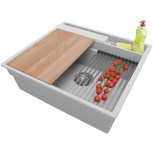 PRIMAGRAN Spülbecken Grau 58x53cm, Granitspüle 1 Becken + Ablauf-Set + Küchenzubehörset, Küchenspüle ab 60er Unterschrank - Oslo Pocket PRIMAGRAN Spülbecken Grau 58x53cm, Granitspüle 1 Becken + Ablauf-Set + Küchenzubehörset, Küchenspüle ab 60er Unterschrank - Oslo Pocket von Primagran