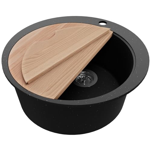 PRIMAGRAN Spülbecken Rund Schwarz Metallic 53x53cm, Granitspüle 1 Becken + Ablauf-Set + Schneidebrett, Küchenspüle ab 50er Unterschrank - Pisa Max von Primagran