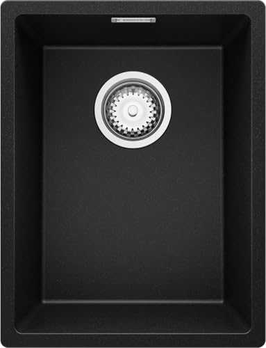 PRIMAGRAN Spülbecken Schwarz 36x47cm, Granitspüle 1 Becken + Ablauf-Set, Küchenspüle ab 40er Unterschrank - London Slim von Primagran