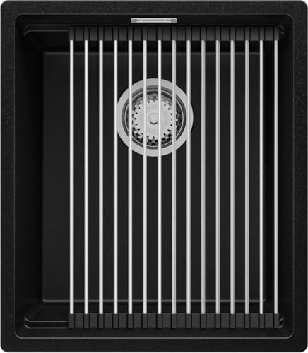 PRIMAGRAN Spülbecken Schwarz 41x47cm, Granitspüle 1 Becken + Ablauf-Set + Aufrollbare Abtropffläche, Küchenspüle ab 45er Unterschrank - Prag Slim von Primagran