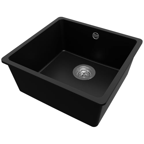 PRIMAGRAN Spülbecken Schwarz 46x44cm, Granitspüle 1 Becken + Ablauf-Set, Küchenspüle ab 50er Unterschrank - Venedig Slim Easy von Primagran