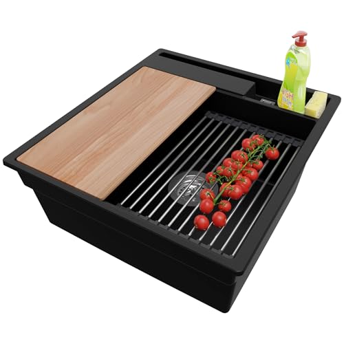 PRIMAGRAN Spülbecken Schwarz 48x53cm, Granitspüle 1 Becken + Ablauf-Set + Küchenzubehörset, Küchenspüle ab 50er Unterschrank - Oslo Pocket von Primagran