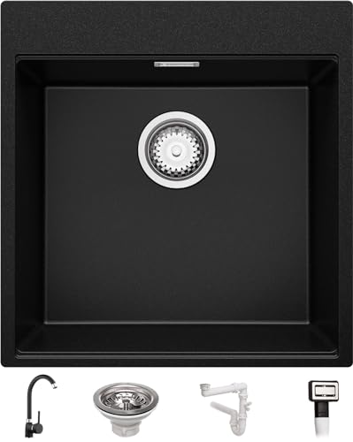 Spülbecken Schwarz 48x50 cm, Granitspüle + Ablauf-Set + Küchenarmatur 5000, Küchenspüle für 50er Unterschrank, Einbauspüle von Primagran von Primagran