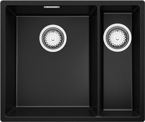 Spülbecken Schwarz 56 x 47 cm, Granitspüle 2 Becken + Siphon Klassisch, Küchenspüle ab 60er Unterschrank, Einbauspüle von Primagran von Primagran