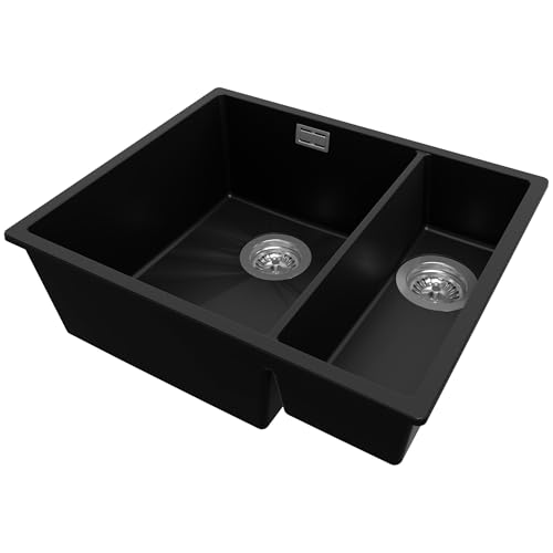 PRIMAGRAN Spülbecken Schwarz 56x47cm, Granitspüle 1,5 Becken + Ablauf-Set, Küchenspüle ab 60er Unterschrank - London Slim Duo von Primagran