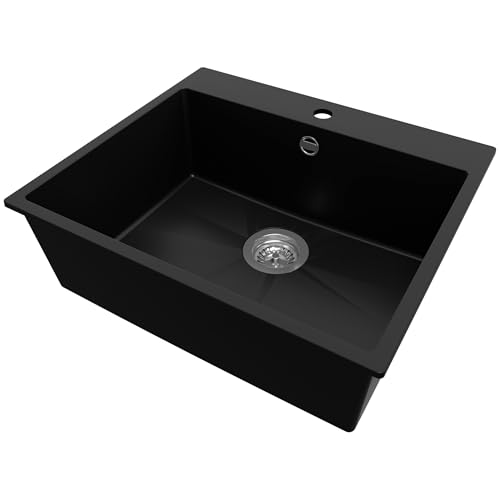 PRIMAGRAN Spülbecken Schwarz 58x50cm, Granitspüle 1 Becken + Ablauf-Set, Küchenspüle ab 60er Unterschrank - Riga von Primagran