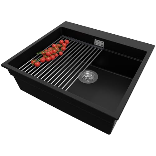 PRIMAGRAN Spülbecken Schwarz 58x53cm, Granitspüle 1 Becken + Ablauf-Set + Aufrollbare Abtropffläche, Küchenspüle ab 60er Unterschrank - Oslo Max von Primagran