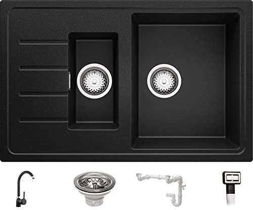 Spülbecken Schwarz 78 x 50 cm, Granitspüle + Küchenarmatur + Ablauf-Set, Küchenspüle ab 60er Unterschrank, Einbauspüle von Primagran von Primagran