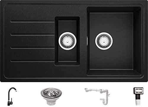 Spülbecken Schwarz 90 x 50 cm, Granitspüle + Küchenarmatur + Ablauf-Set, Küchenspüle ab 60er Unterschrank, Einbauspüle von Primagran von Primagran