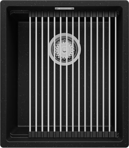 PRIMAGRAN Spülbecken Schwarz Metallic 41x47cm, Granitspüle 1 Becken + Ablauf-Set + Aufrollbare Abtropffläche, Küchenspüle ab 45er Unterschrank - Prag Slim von Primagran