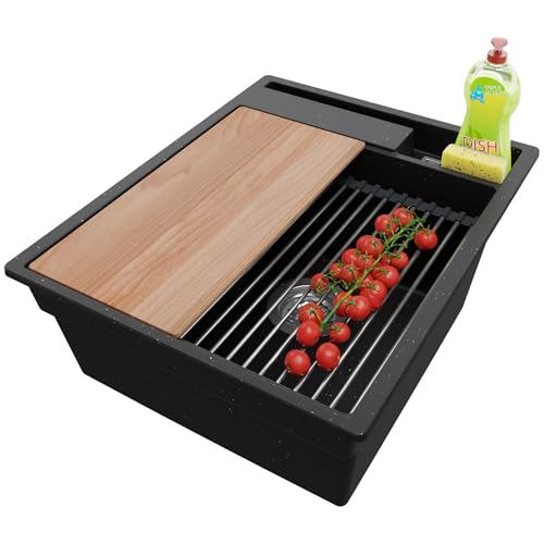 PRIMAGRAN Spülbecken Schwarz Metallic 43x53cm, Granitspüle 1 Becken + Ablauf-Set + Küchenzubehörset, Küchenspüle ab 45er Unterschrank - Oslo Pocket von Primagran
