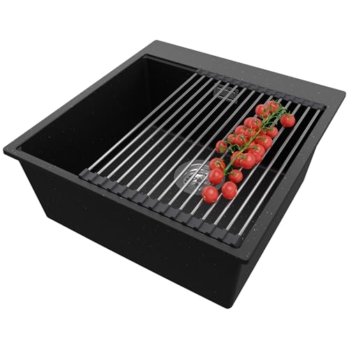 PRIMAGRAN Spülbecken Schwarz Metallic 48x50cm, Granitspüle 1 Becken + Ablauf-Set + Aufrollbare Abtropffläche, Küchenspüle ab 50er Unterschrank - Oslo von Primagran