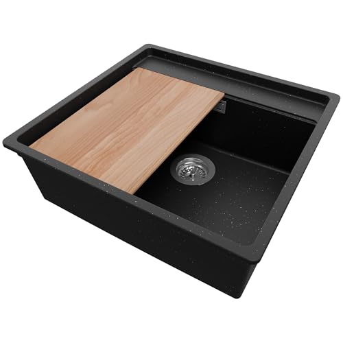 PRIMAGRAN Eckspüle Schwarz Metallic 56x53cm, Granitspüle 1 Becken + Ablauf-Set + Schneidebrett, Küchenspüle ab 60er Unterschrank - Bergen von Primagran