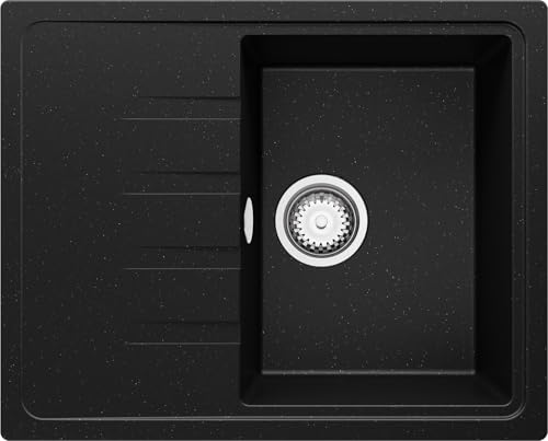PRIMAGRAN Spülbecken Schwarz Metallic 62x50cm, Granitspüle 1 Becken + Ablauf-Set, Küchenspüle ab 40er Unterschrank - Mailand von Primagran