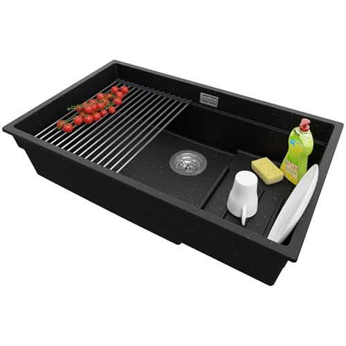 PRIMAGRAN Spülbecken Schwarz Metallic 76x47cm, Granitspüle 1 Becken + Ablauf-Set + Aufrollbare Abtropffläche, Küchenspüle ab 80er Unterschrank - Praga Slim von Primagran