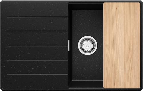 PRIMAGRAN Spülbecken Schwarz Metallic 78x50cm, Granitspüle 1 Becken + Ablauf-Set + Schneidebrett, Küchenspüle ab 50er Unterschrank - Kopenhagen von Primagran