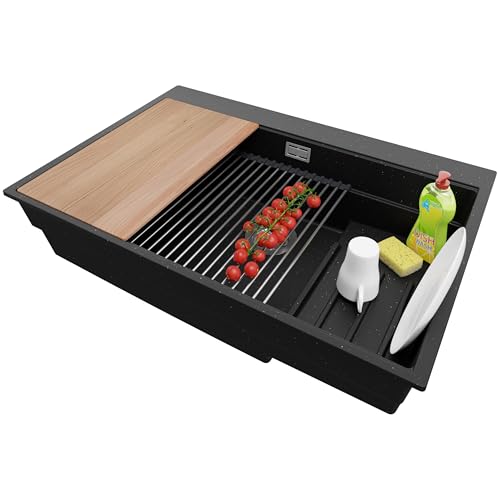PRIMAGRAN Spülbecken Schwarz Metallic 78x53cm, Granitspüle 1 Becken + Ablauf-Set + Küchenzubehörset, Küchenspüle ab 80er Unterschrank - Oslo Max von Primagran
