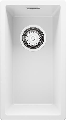 Spülbecken Weiß 26 x 47 cm, Granitspüle + Siphon Klassisch, Küchenspüle ab 30er Unterschrank, Einbauspüle von Primagran von Primagran
