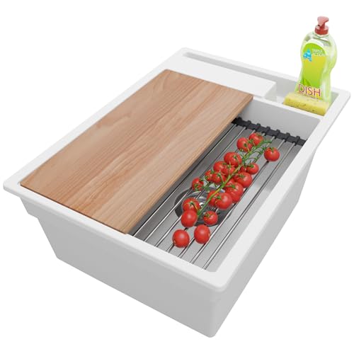 PRIMAGRAN Spülbecken Weiß 38x53cm, Granitspüle 1 Becken + Ablauf-Set + Küchenzubehörset, Küchenspüle ab 40er Unterschrank - Oslo Pocket von Primagran