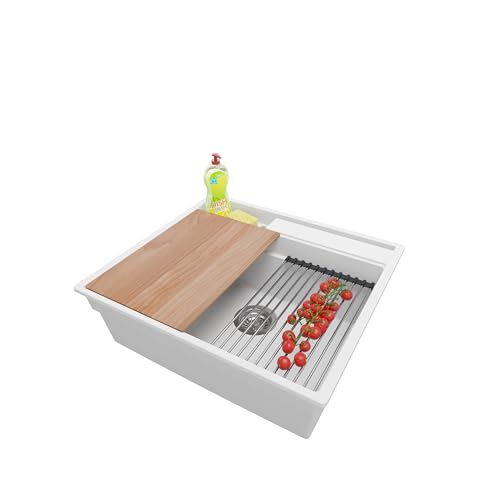 PRIMAGRAN Spülbecken Weiß 58x53cm, Granitspüle 1 Becken + Ablauf-Set + Küchenzubehörset, Küchenspüle ab 60er Unterschrank - Oslo Pocket PRIMAGRAN Spülbecken Weiß 58x53cm, Granitspüle 1 Becken + Ablauf-Set + Küchenzubehörset, Küchenspüle ab 60er Unterschrank - Oslo Pocket von Primagran