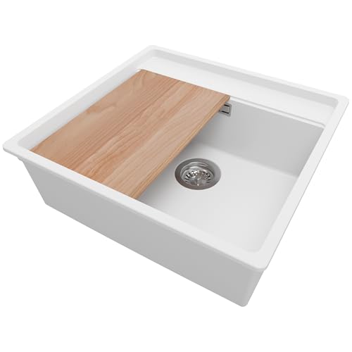 PRIMAGRAN Eckspüle Weiß 56x53cm, Granitspüle 1 Becken + Ablauf-Set + Schneidebrett, Küchenspüle ab 60er Unterschrank - Bergen von Primagran