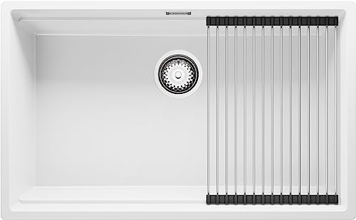 Spülbecken Weiß 76x47 cm, Granitspüle + aufrollbare Abtropffläche + Ablauf-Set, Küchenspüle für 80er Unterschrank, Unterbauspüle von Primagran von Primagran