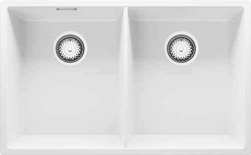 Spülbecken Weiß 76x47 cm, Granitspüle 2 Becken + Ablauf-Set, Küchenspüle ab 80er Unterschrank, Einbauspüle von Primagran von Primagran