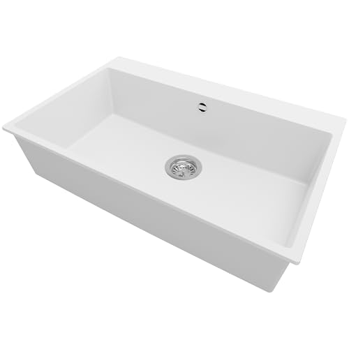 PRIMAGRAN Spülbecken Weiß 78x50cm, Granitspüle 1 Becken + Ablauf-Set, Küchenspüle ab 80er Unterschrank - Riga von Primagran