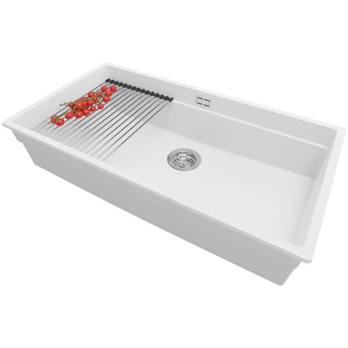 PRIMAGRAN Spülbecken Weiß 86x47cm, Granitspüle 1 Becken + Ablauf-Set + Aufrollbare Abtropffläche, Küchenspüle ab 90er Unterschrank - Praga Slim von Primagran